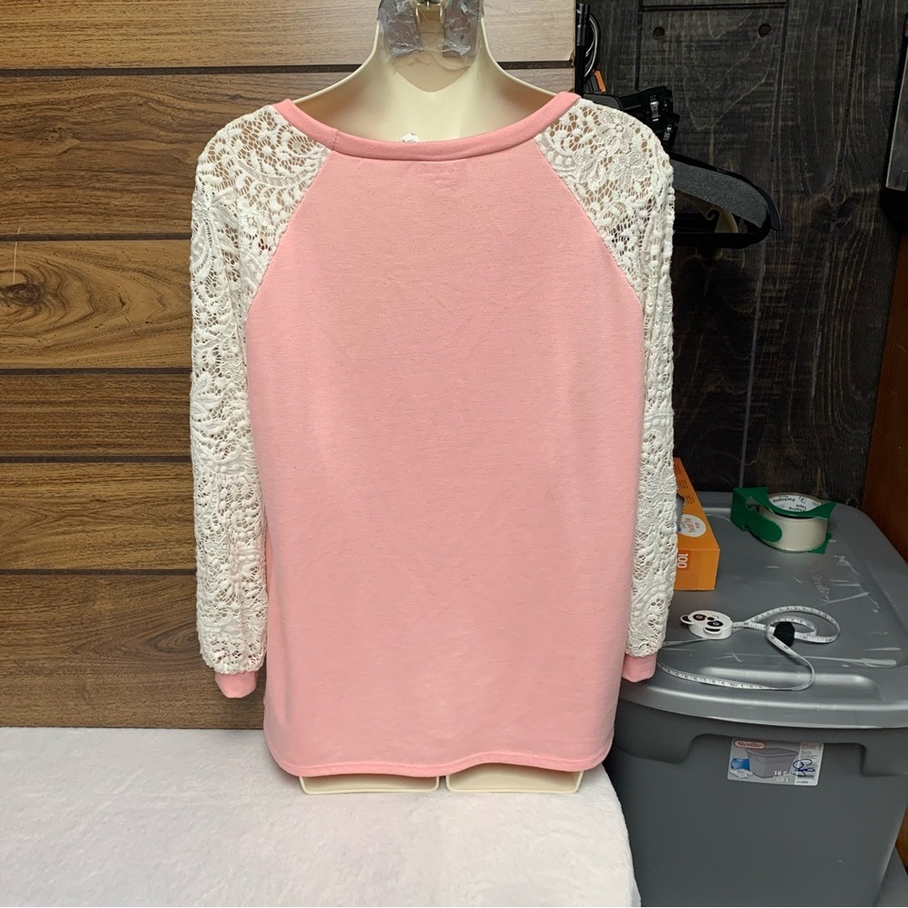 BiBi pink/cream top size small lace sleeves sweatshirt feel lightweight - Picture 4 of 9